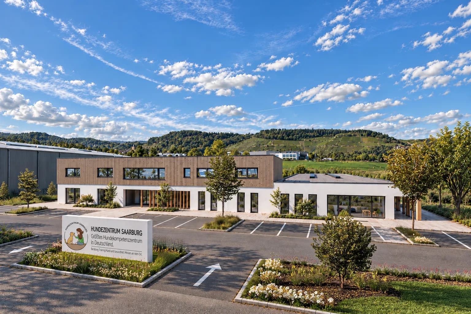 Visualisierung des neuen Hundezentrums von der Straße: zweigeschossiger Bau mit Holzfassade, davor Parkplatz und das Schild „Hundezentrum Saarburg“